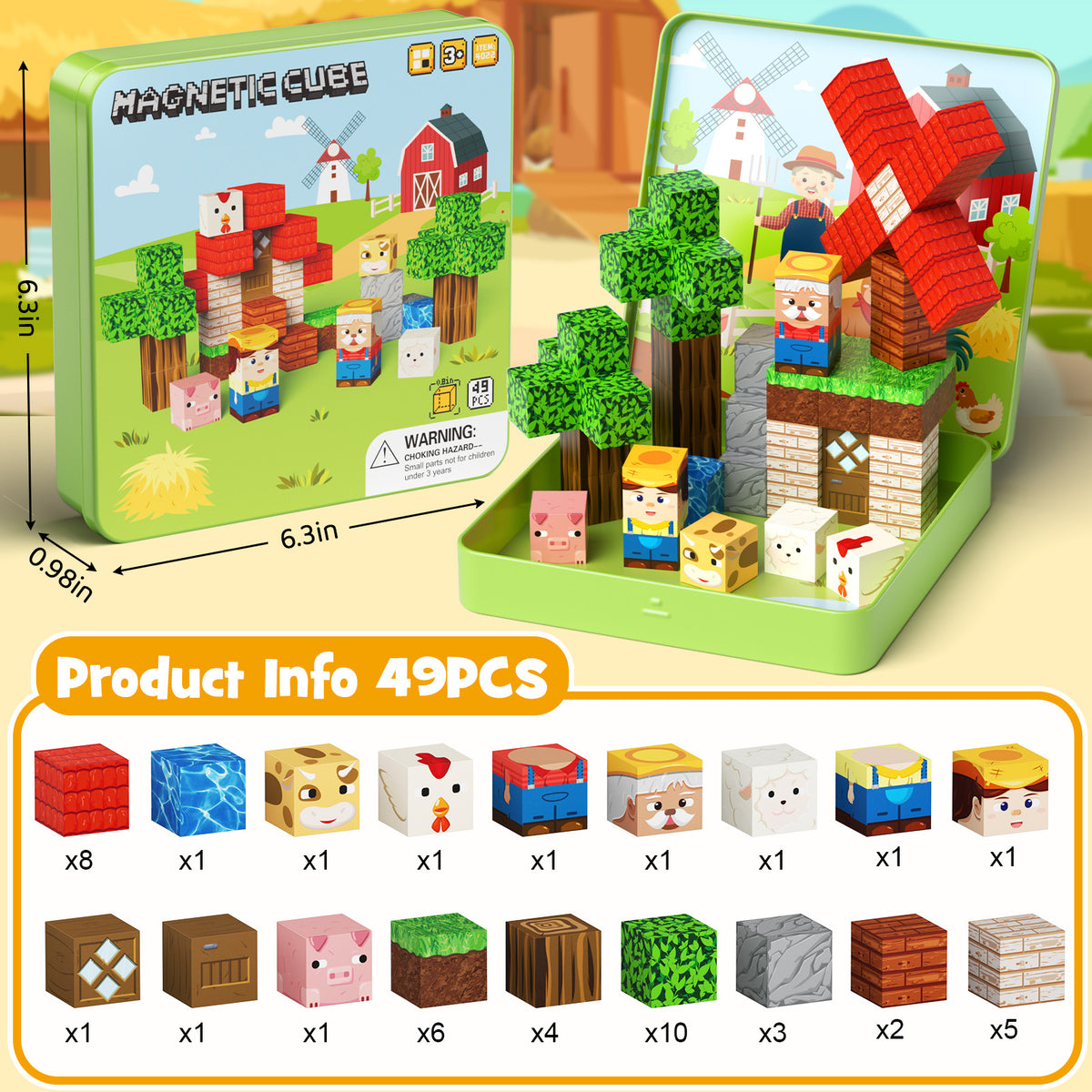 49 Pcs Farm Animals Magnetic Building Blocks Set for Toddlers 3-5, Travel Toys with Iron Storage Box, Magnetic Tiles & Cubes for Kids Ages 4-8, STEM Learning, Portable Play Base for Car Plane Trips Set NC-049