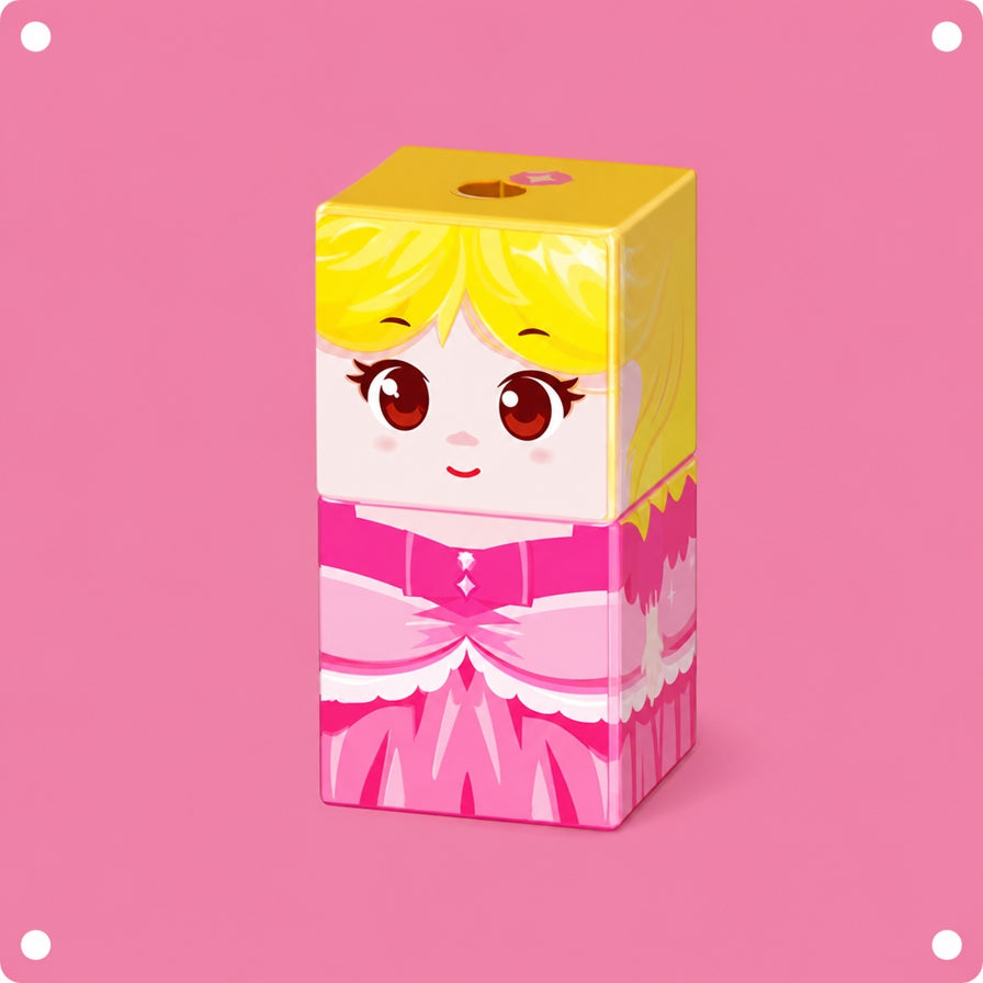 Red magnetic-tile vehicle on a bright pink background