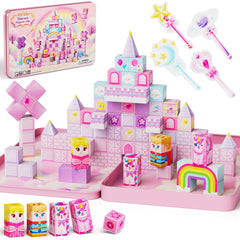 Click to see full view Unicorn Magnetic Cubes for Travel: 100 PCS Castle Princess Playset with Tin Storage Case - Strong Building Toy Blocks for Girls Toddlers Ages 3-8 - Car Airplane Activity Game Set DJS-100