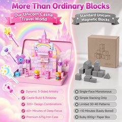 Click to see full view Unicorn Magnetic Cubes for Travel: 100 PCS Castle Princess Playset with Tin Storage Case - Strong Building Toy Blocks for Girls Toddlers Ages 3-8 - Car Airplane Activity Game Set DJS-100