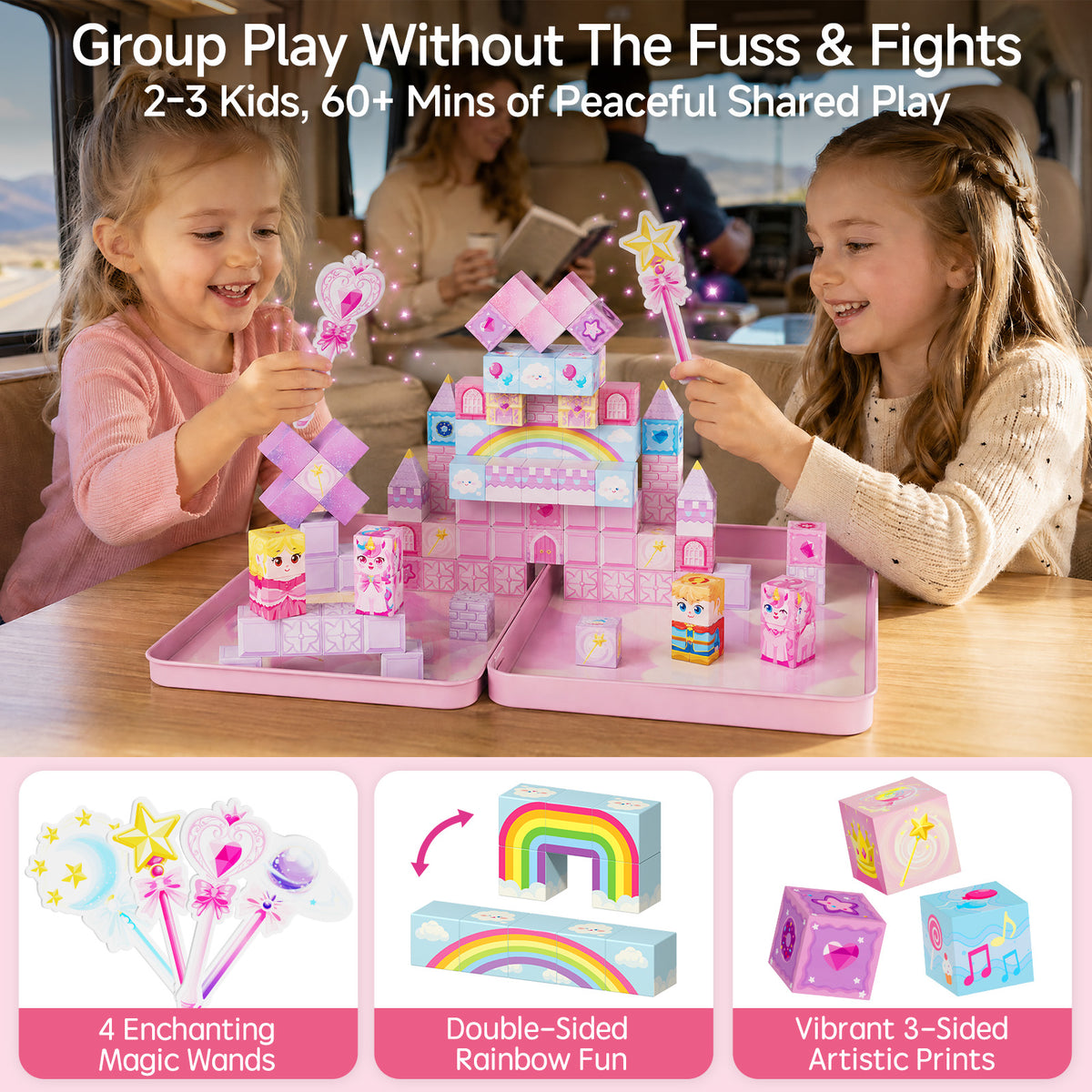 Click to see full view Unicorn Magnetic Cubes for Travel: 100 PCS Castle Princess Playset with Tin Storage Case - Strong Building Toy Blocks for Girls Toddlers Ages 3-8 - Car Airplane Activity Game Set DJS-100