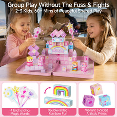 Click to see full view Unicorn Magnetic Cubes for Travel: 100 PCS Castle Princess Playset with Tin Storage Case - Strong Building Toy Blocks for Girls Toddlers Ages 3-8 - Car Airplane Activity Game Set DJS-100
