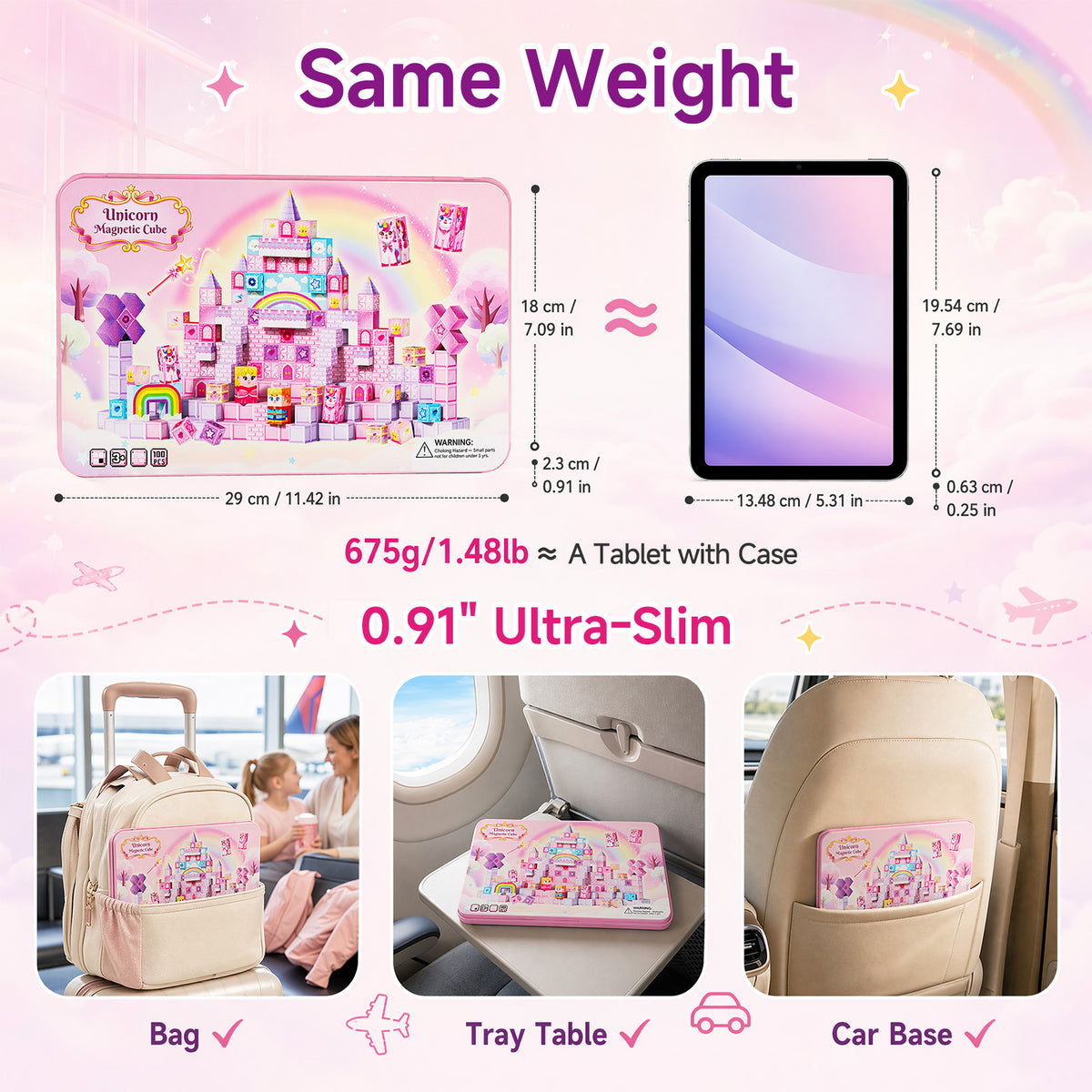 Click to see full view Unicorn Magnetic Cubes for Travel: 100 PCS Castle Princess Playset with Tin Storage Case - Strong Building Toy Blocks for Girls Toddlers Ages 3-8 - Car Airplane Activity Game Set DJS-100