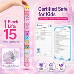 Click to see full view Unicorn Magnetic Cubes for Travel: 100 PCS Castle Princess Playset with Tin Storage Case - Strong Building Toy Blocks for Girls Toddlers Ages 3-8 - Car Airplane Activity Game Set DJS-100