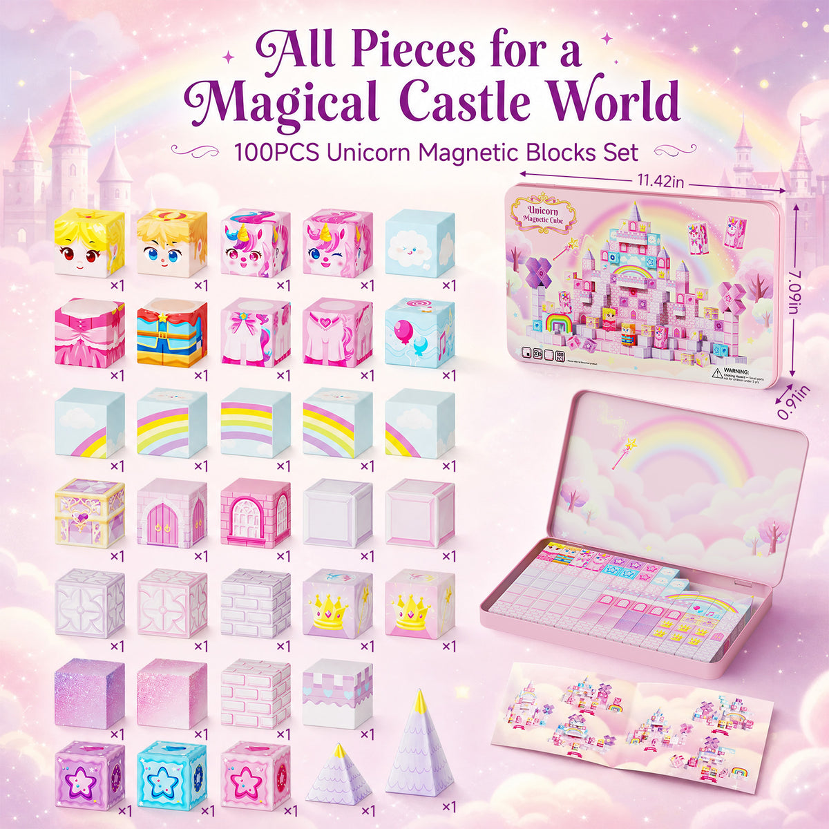 Click to see full view Unicorn Magnetic Cubes for Travel: 100 PCS Castle Princess Playset with Tin Storage Case - Strong Building Toy Blocks for Girls Toddlers Ages 3-8 - Car Airplane Activity Game Set DJS-100