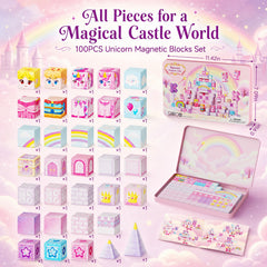 Click to see full view Unicorn Magnetic Cubes for Travel: 100 PCS Castle Princess Playset with Tin Storage Case - Strong Building Toy Blocks for Girls Toddlers Ages 3-8 - Car Airplane Activity Game Set DJS-100