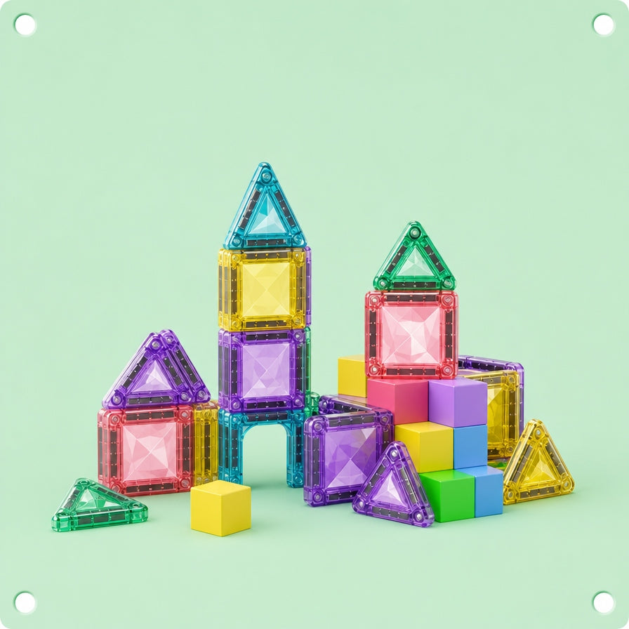 Pink triangular magnetic tile on a deep blue background
